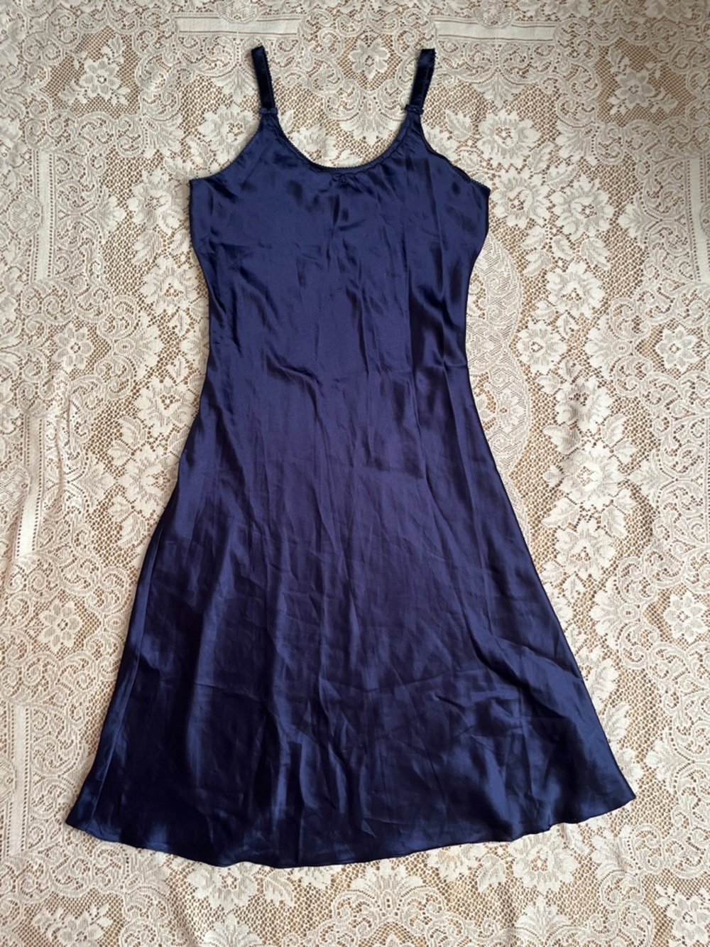 Oscar de la Renta Vintage Satin Slip Dress Nightgown, Navy Blue, Size M - Picture 4 of 7